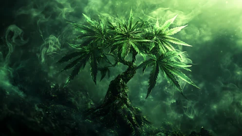 Emerald smoke bonsai of enchanted cannabis dreams.