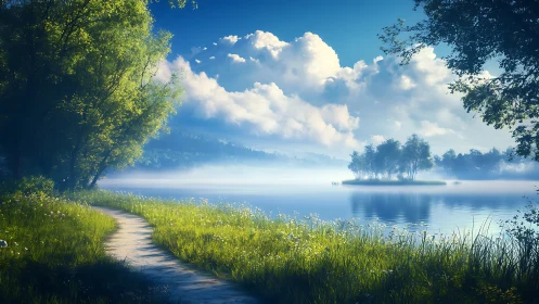 Lakeside path curves toward misty water and distant trees