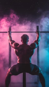 Backlit lat-pull athlete in dual-tone atmospheric haze.