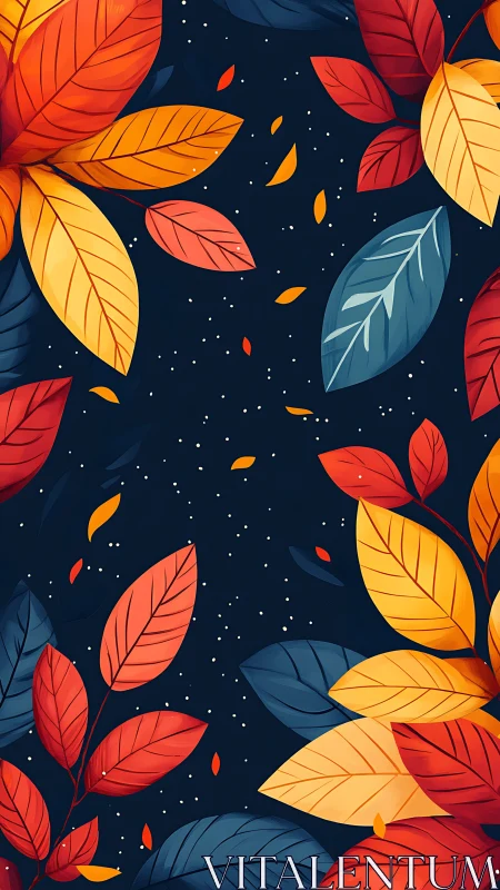 Bold autumn leaves pattern on dark blue background.