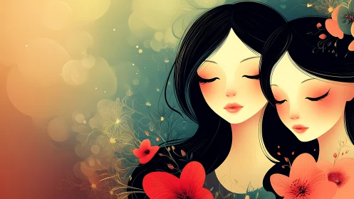 Dreamy Illustration of Two Women with Floral Elements in Soft Pastels.
