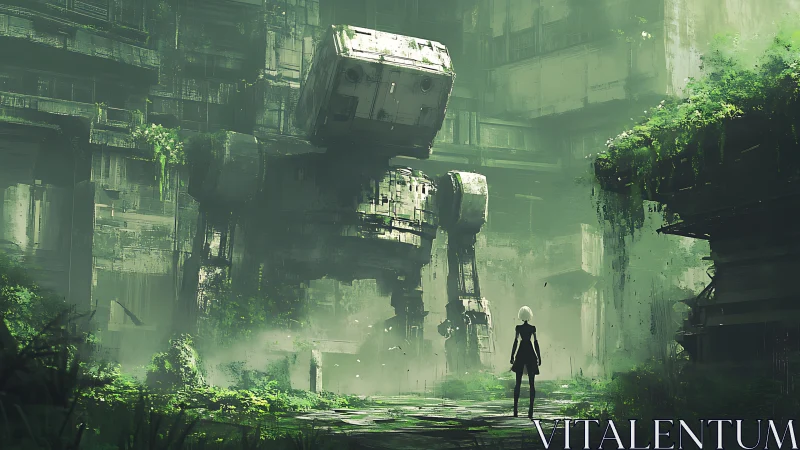 Quiet courage meets a dormant robot in a misty green ruin