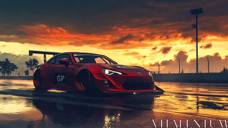Widebody red race car reflects on wet track at sunset