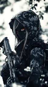 Masked anime sniper in dark camo gear holding rifle.