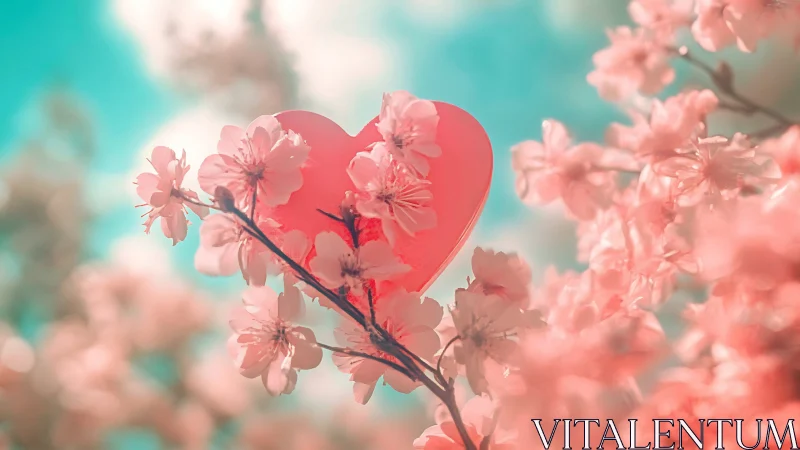 Heart-Shaped Form Among Cherry Blossoms Against Turquoise Sky.