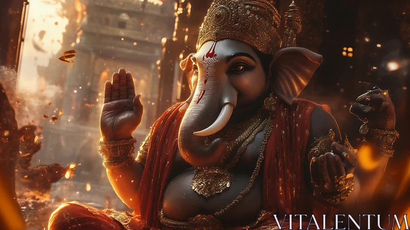 Golden Ganesha radiates calm grace in a glowing temple hall