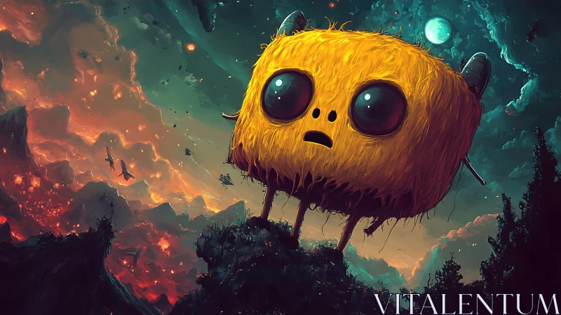 Fuzzy yellow alien roams a surreal cosmic battlefield sky.