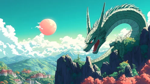 Celestial dragon coils above sunlit emerald mountain range.