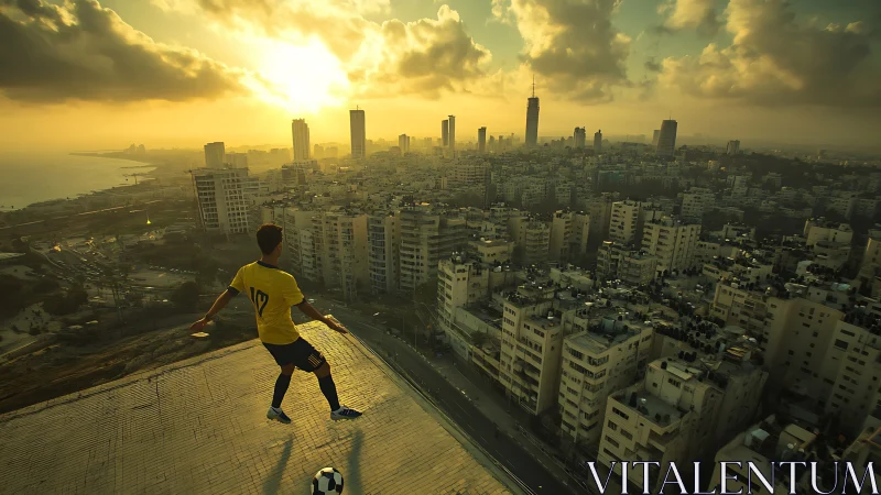 Urban rooftop footballer overlooks sunset-drenched highrise grid