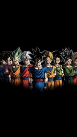 Anime warriors stand united against a stark black void