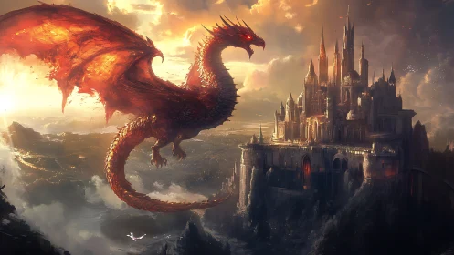 Red dragon hovers before fortified cliffside fantasy citadel