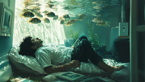 Submerged bedroom interior with person and swimming fish.