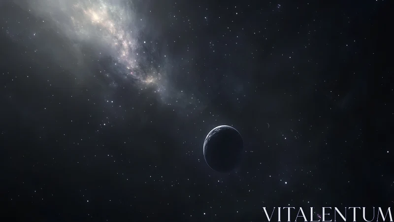 Lone crescent planet drifts beneath a glowing galactic band.