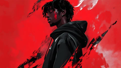 Side-profile digital portrait on abstract red background.