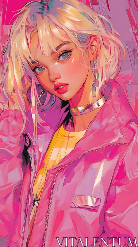Neon-lit girl in pink jacket holds confident direct gaze