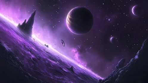Violet alien horizon with ringed planet and distant moons.