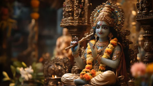 Divine blue deity in garlands, cradled by temple glow.