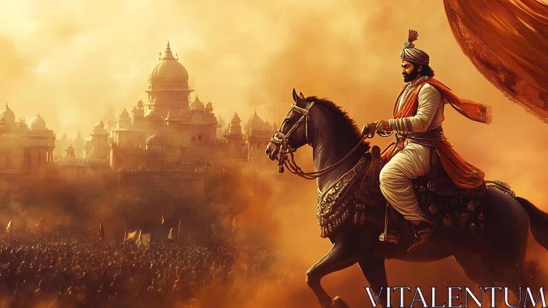 Armored cavalry commander leads massed army before domed citadel