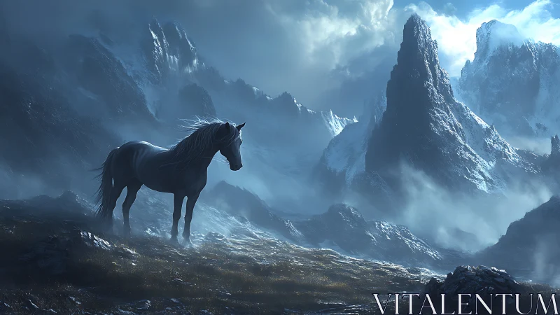 Lone mountain horse pausing in a misty, blue twilight valley.
