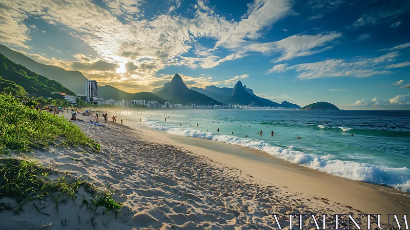 Ipanema Beach Golden Hour with Iconic Mountain Peaks.