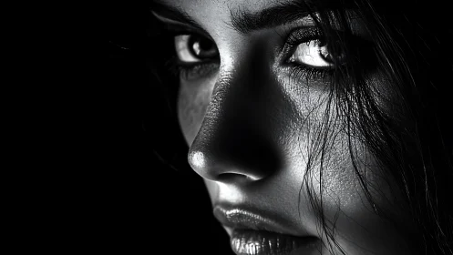 Dramatic close-up portrait of a woman in high-contrast black and white.