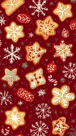 Vector cookie pattern shows stylized snowflakes on deep red ground