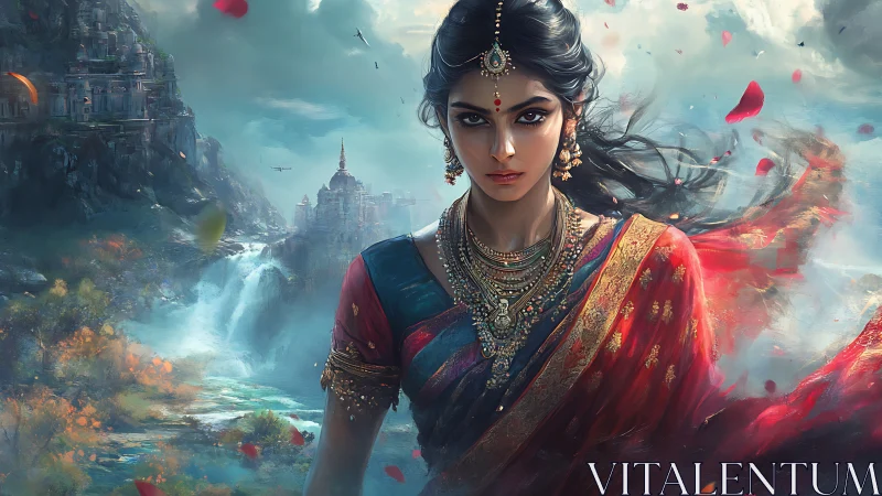 Mystic river princess in jeweled sari beneath stormy skies.