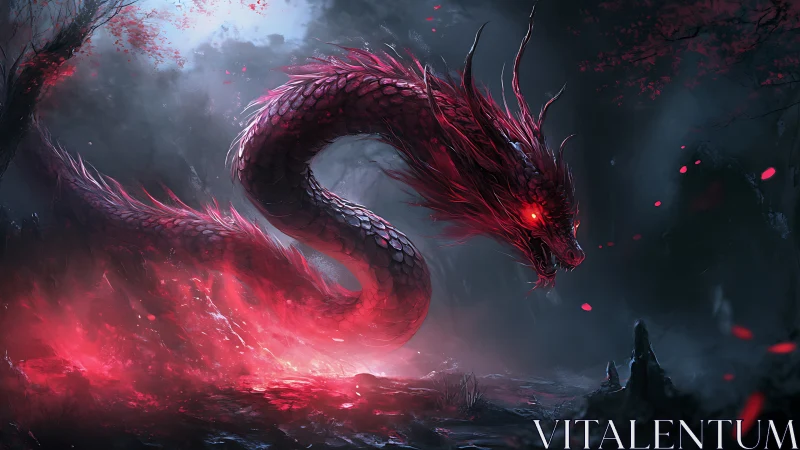 Digital painting of a luminous crimson dragon in misted ravine.