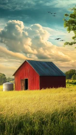 Sunlit red barn resting calmly beneath summer clouds.