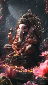 Divine Ganesha sculpture glows amid floral forest shrine.