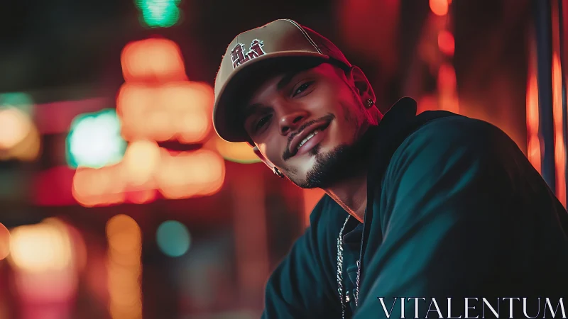 Warm city lights glow around a smiling man in a cap tonight