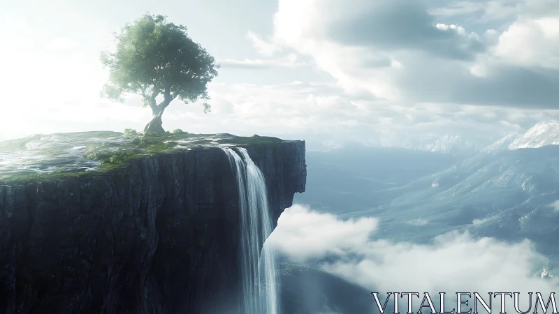 Solitary tree on illuminated cliff edge above vertical waterfall