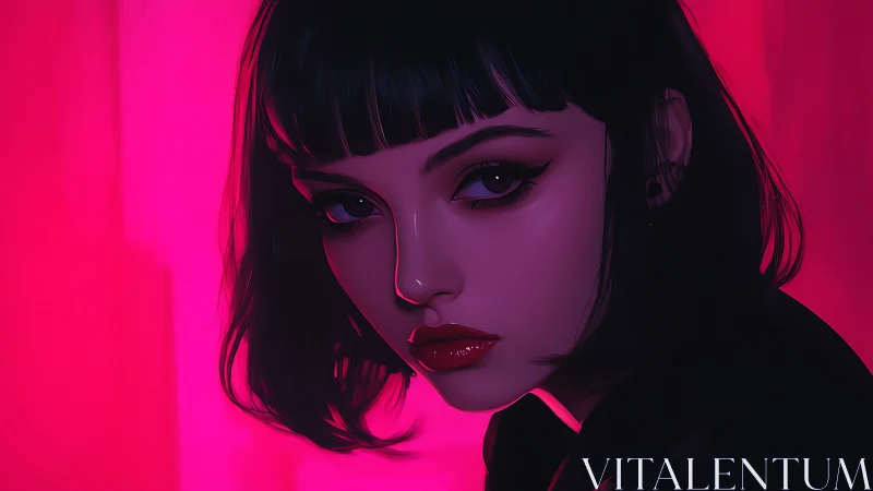 Dark haired woman gazes over shoulder under neon magenta light