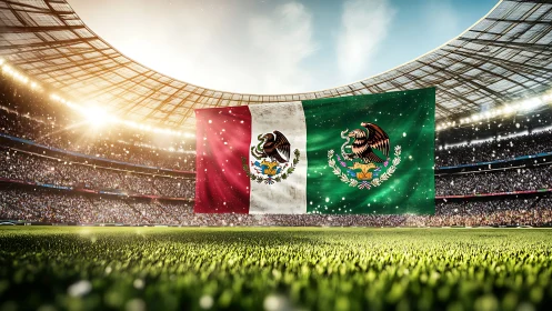 Mexico stadium flag display under bright matchday lights.
