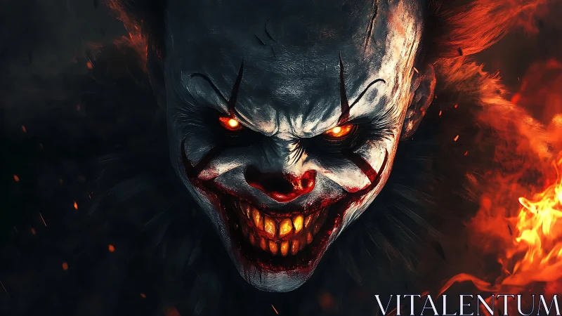 Demonic clown close-up with burning eyes and feral grin.