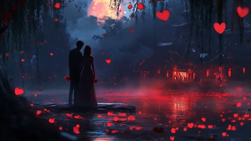 Lovers Silhouetted Beneath Glowing Moon and Floating Hearts.