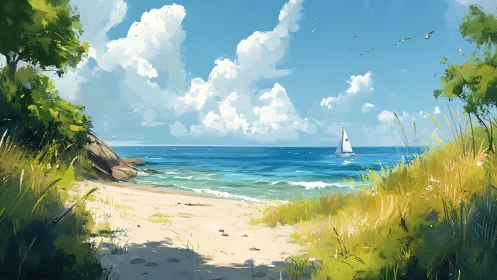 Coastal sailboat under radiant cumulus clouds at noon light.