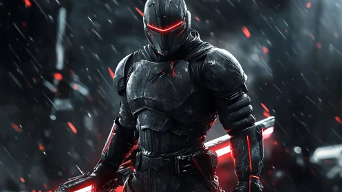 Armored cybernetic enforcer with red plasma blade in rain