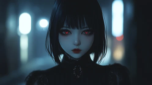 Mysterious red-eyed girl in a softly glowing night alley.