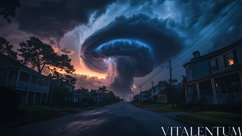 Apocalyptic supercell vortex over suburban street at dusk.