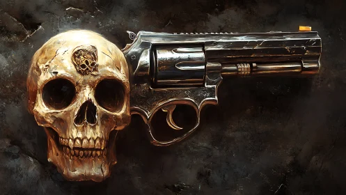 Human skull and revolver rendered with high metallic detail