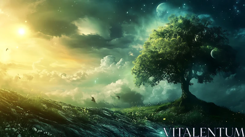 Enchanted lone tree between sunlit dawn and cosmic night.