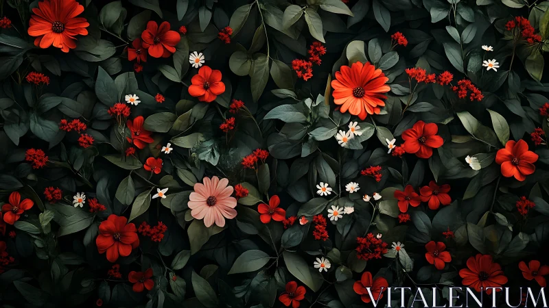 Dense garden bed with red gerberas and white daisies among dark green foliage