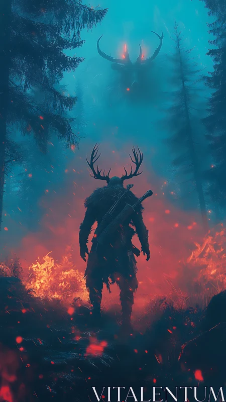 Digital painting of antlered warrior confronting forest wraith.