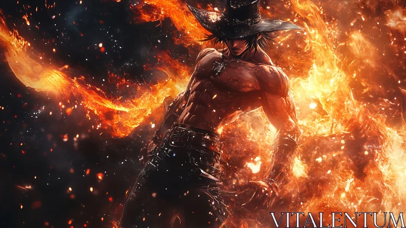 Fiery gunslinger strides through swirling inferno of embers.