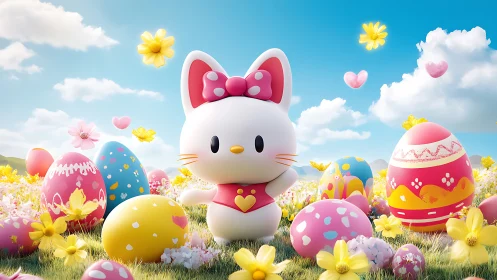 Cute white cartoon cat in bright Easter egg meadow scene.