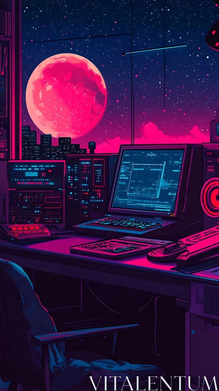 Cyber control room overlooks neon moonlit city skyline.