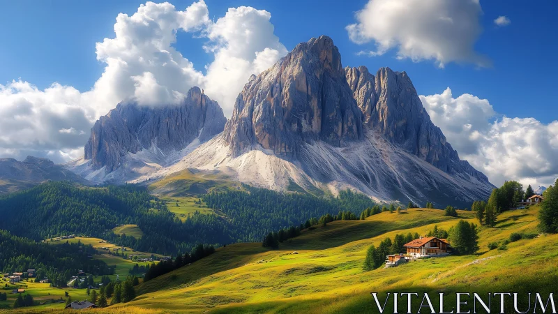 Mountain massif above alpine valley with scattered houses.