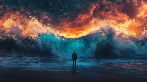 Lone dreamer facing a cosmic tidal firestorm of color.