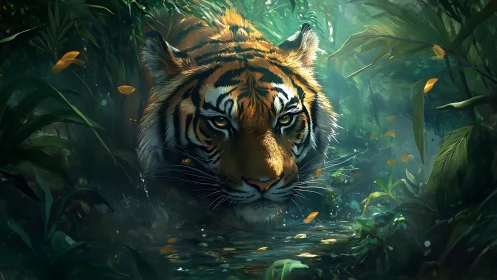 Digital painting of stalking tiger in luminous jungle shallows.